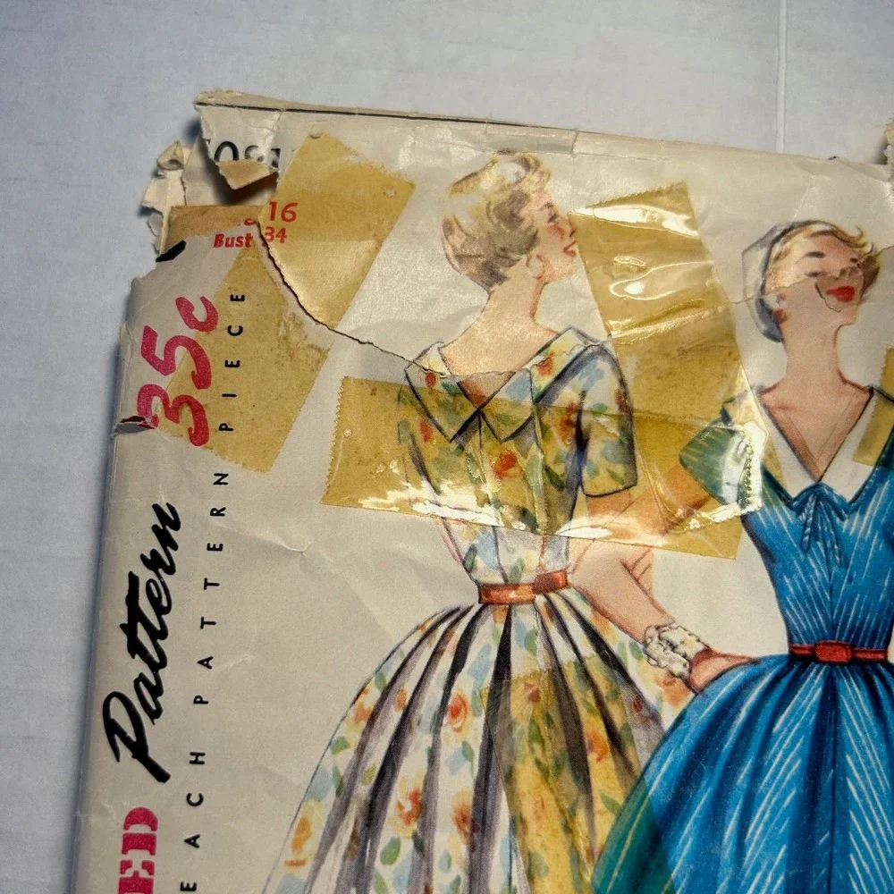 Simplicity Vintage 1950's Pattern #1081 Misses‎ Dress Detachable Collar Size 16